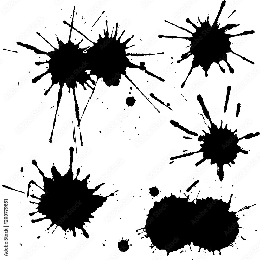 Fototapeta premium Black ink paint spots. Drops texture isolated on white background. Set for grunge splash textures. Vector illustration.