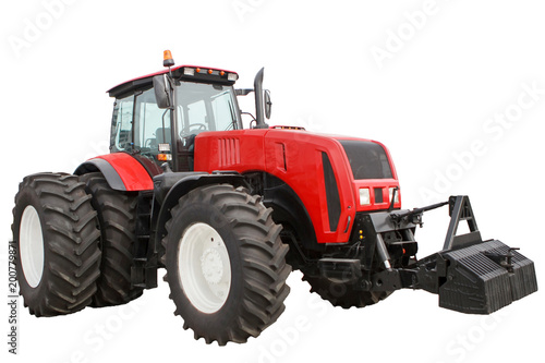 new red tractorNew Red modernized agricultural tractor with large wheels at the isolated