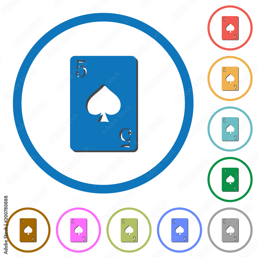 Five of spades card icons with shadows and outlines Five of spades card icons with shadows and outlines