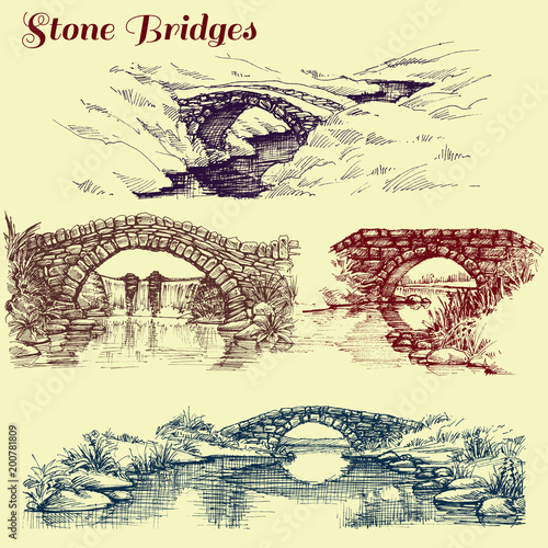 Stone bridges set. A collection of bridges over rivers design elements