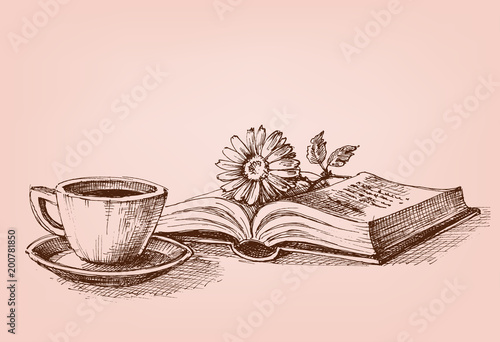 Reading a book conceptual drawing. A flower on a book and a cup of coffee study stand