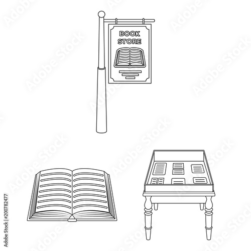 Library and bookstore outline icons in set collection for design. Books and furnishings vector symbol stock web illustration.