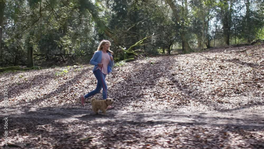 Happy middle aged woman running in the woods with her dog, in slow motion Happy middle aged woman running in the woods with her dog, in slow motion