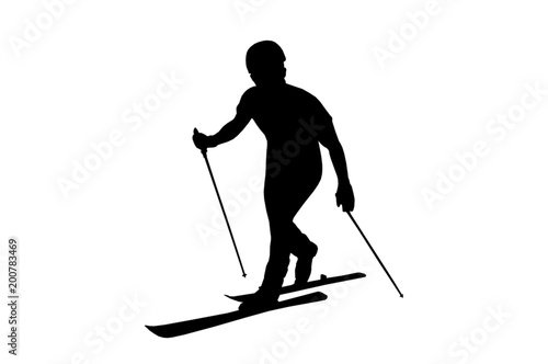 Fotografie skialpinist silhouette, ski touring in mountains, touring skier on white backgro