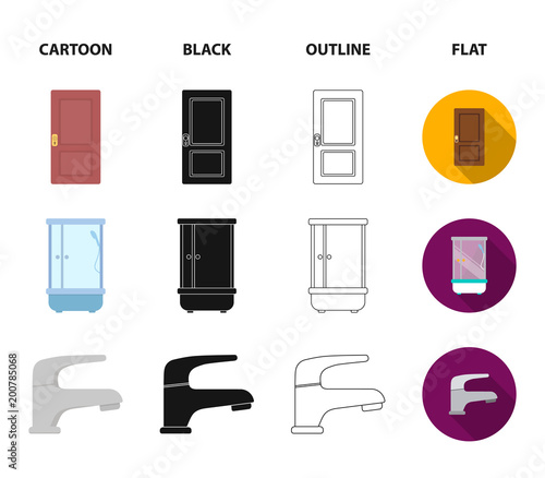 Door, shower cubicle, mirror with drawers, faucet.Furniture set collection icons in cartoon,black,outline,flat style vector symbol stock illustration web.
