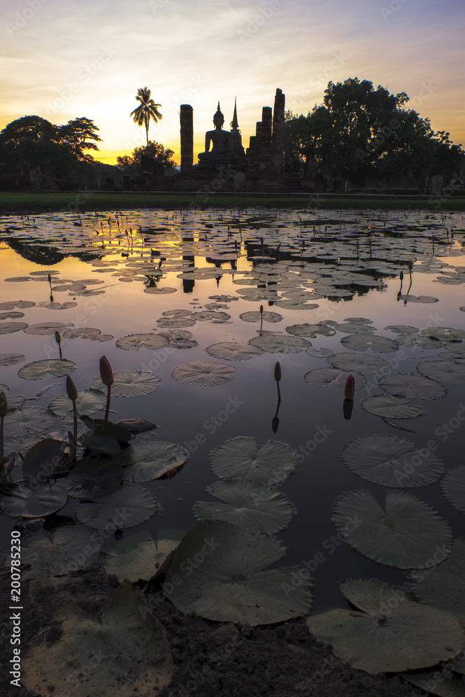 A bouddha silhouette reflecting on a lily pond in the historical park of Sukhothai 