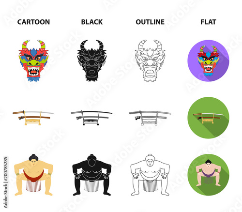 Dragon mask, katano, a man is a sumo player, a fujiama mountain.Japan set collection icons in cartoon,black,outline,flat style vector symbol stock illustration web.