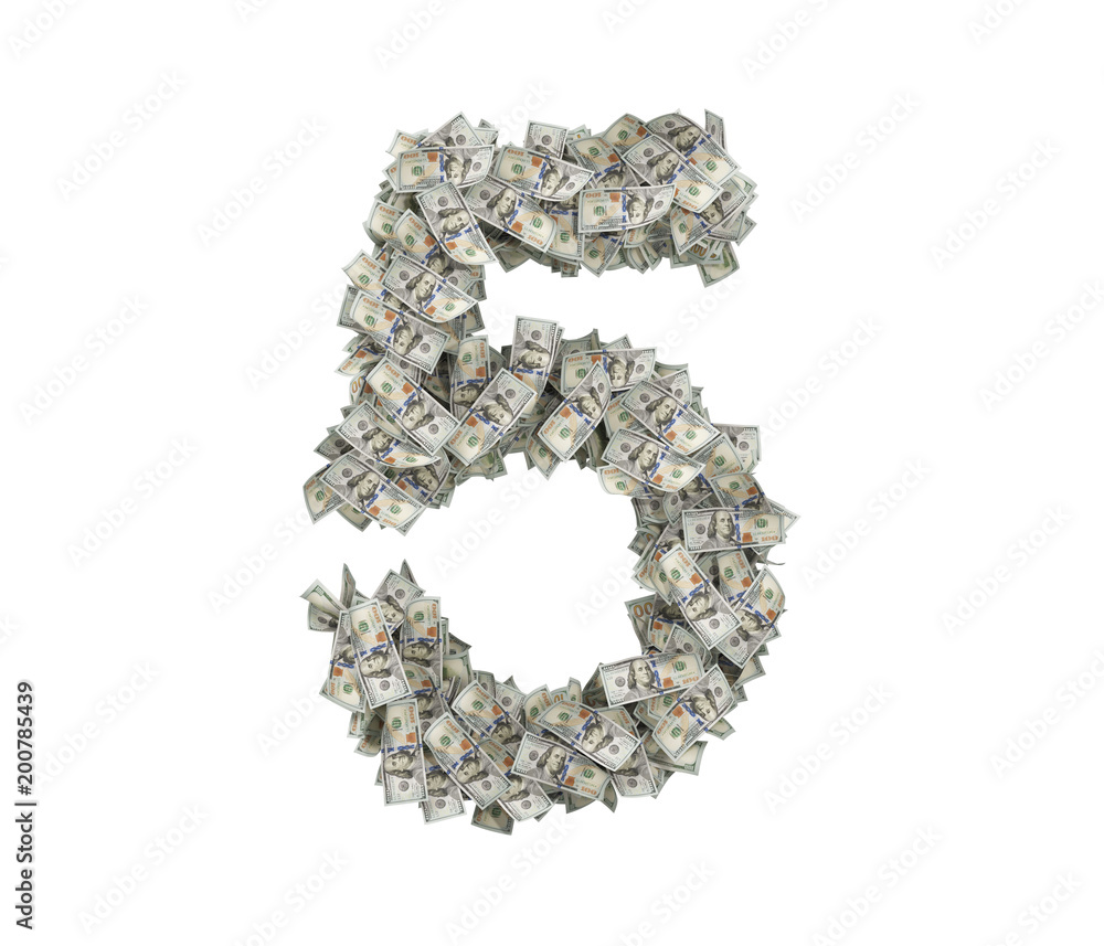 3d rendering of a large number 5 made of countless 100 dollar bills on a white background. 3d rendering of a large number 5 made of countless 100 dollar bills on a white background.