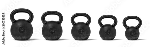 3d rendering of five black iron kettlebells in a single line with different weight stamps of 32, 24, 16, 12 and 8 kg.
