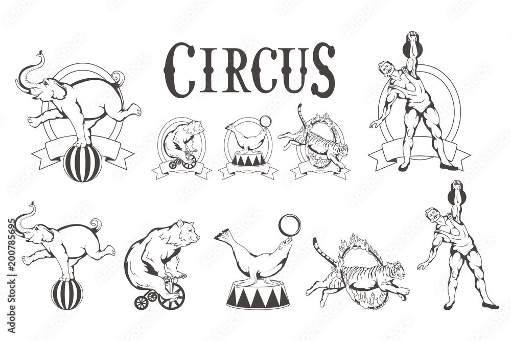 Set of different Circus elements. Carnival poster. Vintage circus show. Different circus animals.