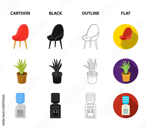 A red chair with a comfortable back, an aloe flower in a pot, an apparatus with clean water, a cabinet for office papers. Office Furniture set collection icons in cartoon,black,outline,flat style