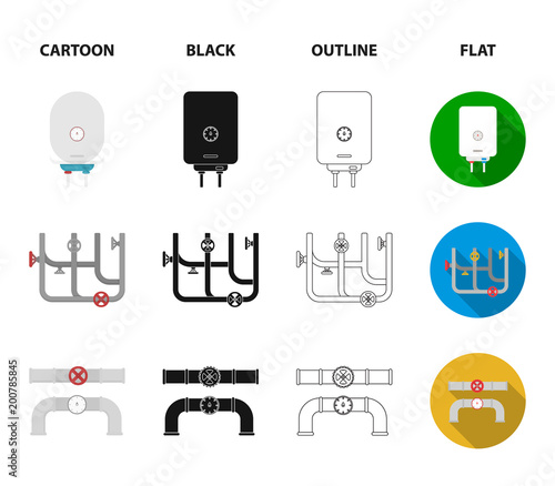 Boiler, plumber, ventils and pipes.Plumbing set collection icons in cartoon,black,outline,flat style vector symbol stock illustration web.
