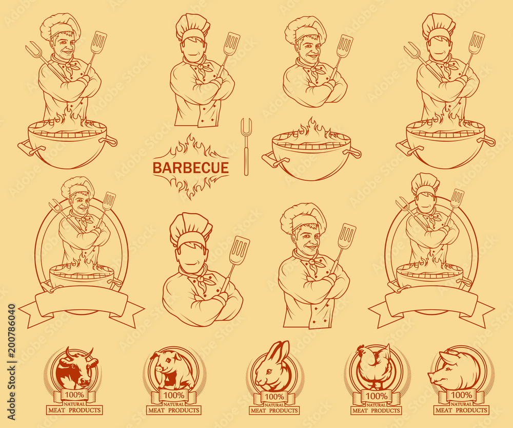 Set of different elements of barbecue and chef. BBQ Grill. Сooking meat on fire. Barbecue Party. Bbq logo.