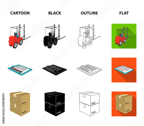 Forklift, delivery slips, packaged goods, cargo on weighing scales. Logistics and delivery set collection icons in cartoon,black,outline,flat style isometric vector symbol stock illustration web.