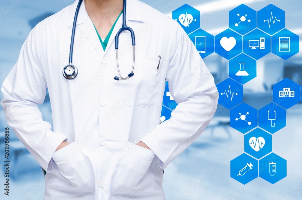 handsome doctor with a stethoscope on blurred hospital background and medical icon in hexagonal shaped pattern background, science, health care and medical technology concept handsome doctor with a stethoscope on blurred hospital background and medical icon in hexagonal shaped pattern background, science, health care and medical technology concept