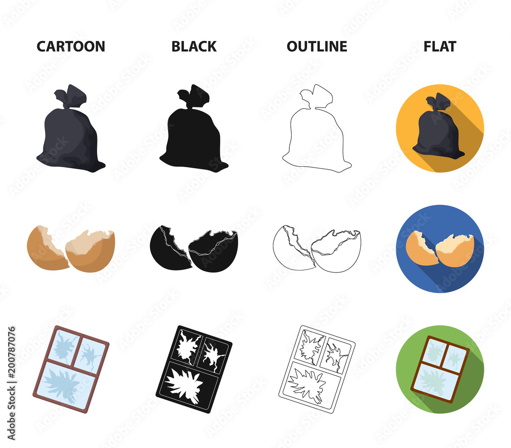 A garbage bag, a broken egg shell, a torn dirty T-shirt, a broken window  frame with glass.Garbage and trash set collection icons in cartoon,flat  style vector symbol stock illustration web.