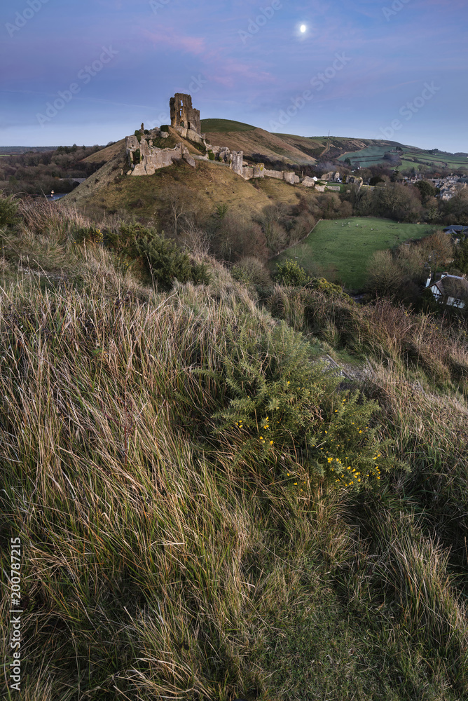 Lovely Medieval castle landscape during Autumn dusk light with moon Lovely Medieval castle landscape during Autumn dusk light with moon
