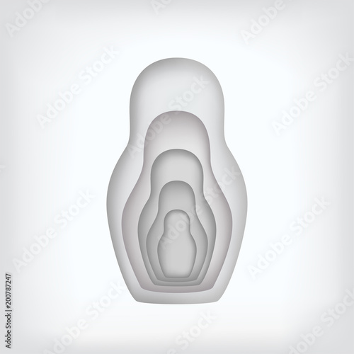 Nesting dolls inserted into each other are made in paper style. Silvery color on isolated white background.