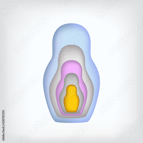 Nesting dolls inserted into each other are made in paper style. Colored nesting dolls on isolated white background.