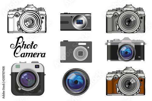 Set of different camera icon. Retro Camera logo. Vintage Photocamera. Photo camera isolated on white background.