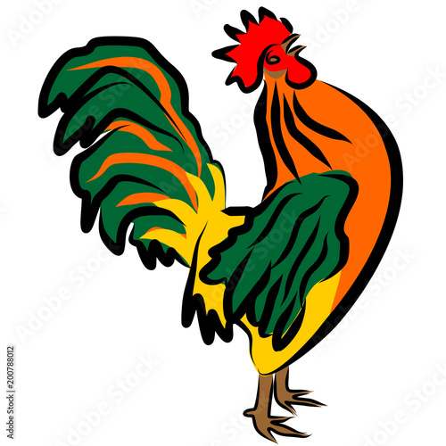 Colorful vector illustration of the crowing cock. Cartoon character rooster with his head up