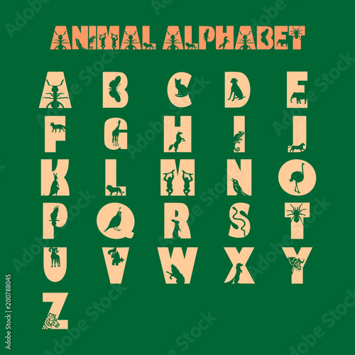 Decorative straight font with animals on a dark green background. Simple vector Latin letters with beasts inside - full set from A to Z