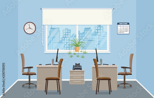 Office interior design with two workplaces without people. Office room with furniture and window.