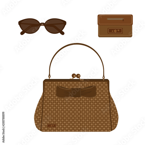 Set of bag for women with original clasp of ecological leather, decorated with bow, purse and sunglasse. Isolated on white background.