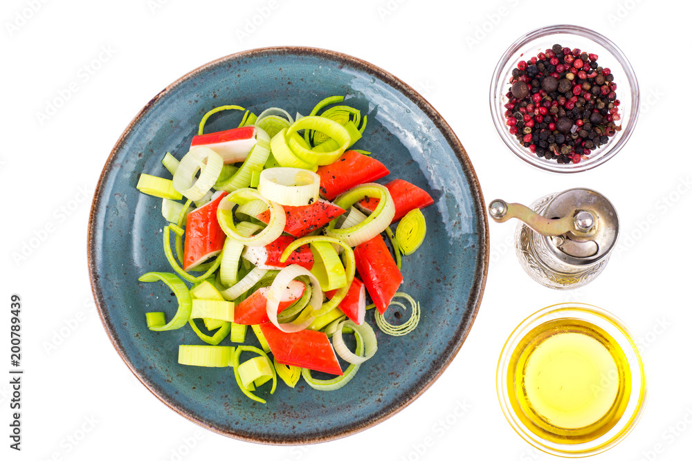 Salad with crab sticks on white background Salad with crab sticks on white background