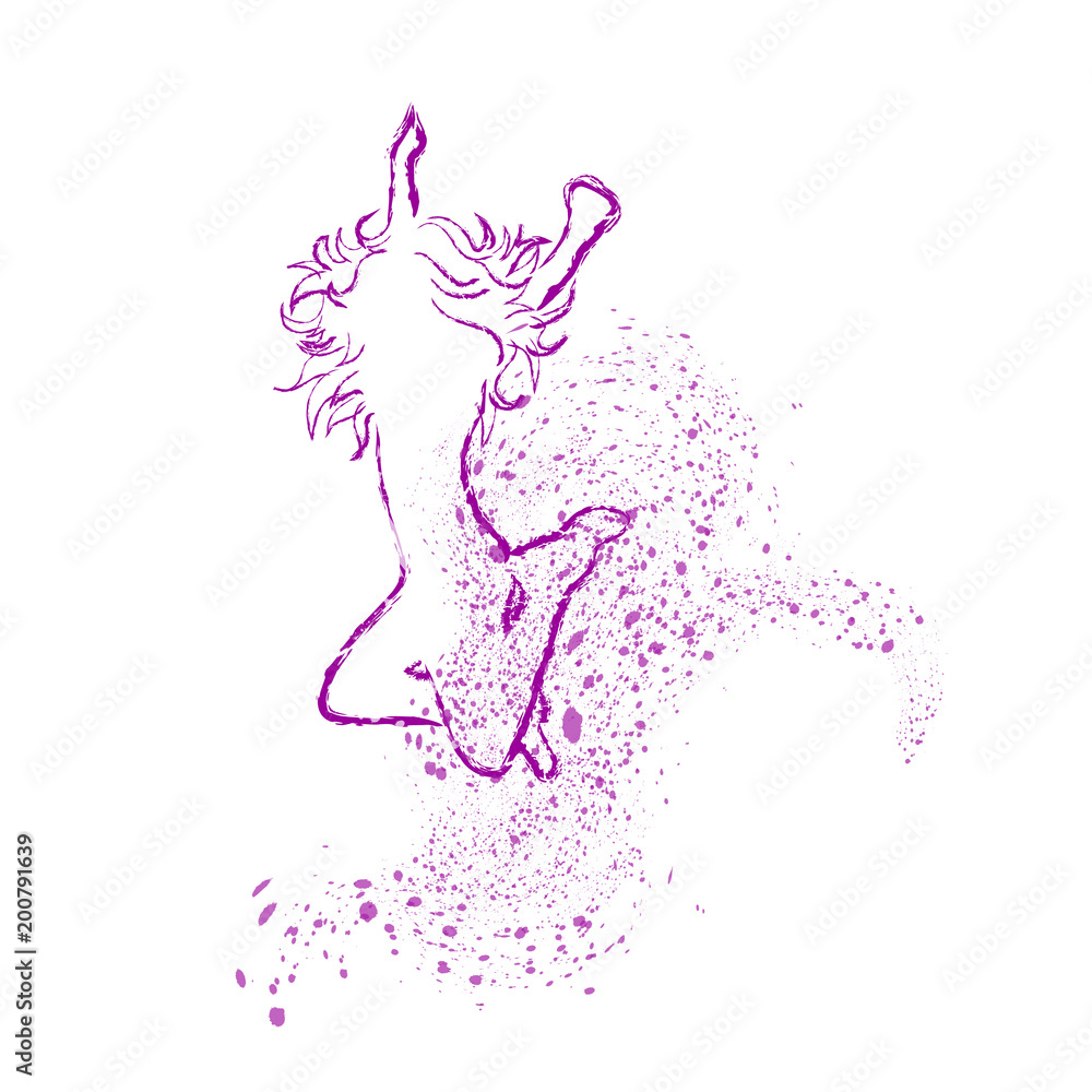 Vector silhouette of woman who jump on white background.
