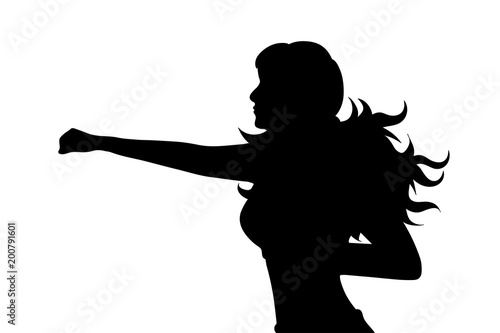 Vector silhouette of woman who boxing on white background.