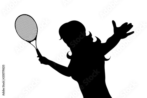 Vector silhouette of woman who play tennis on white background.