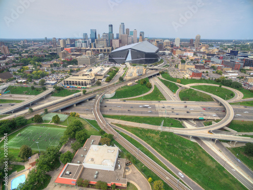 Minneapolis, Minnesota Skyline seen from above by Drone in Spring