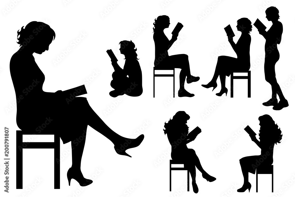 Vector silhouette of woman who read book on white background. Vector silhouette of woman who read book on white background.