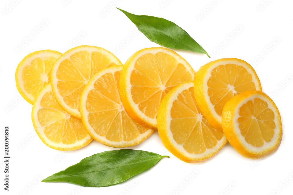 healthy food. sliced lemon with green leaf isolated on white background top view healthy food. sliced lemon with green leaf isolated on white background top view