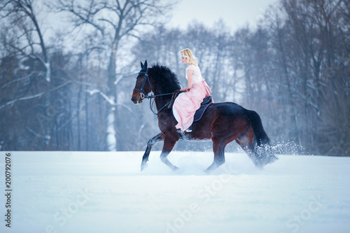 Young woman in pink dress galloping horseback on winter field. Romantic or historical equestrian background with copy space