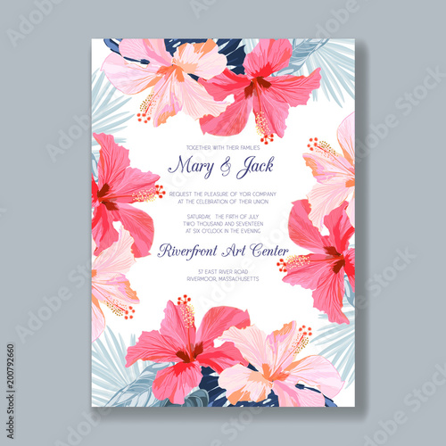 Wedding invitation template with tropical flowers and leaves, thank you card, save the date cards. Gentle background for invitations or greeting cards.
