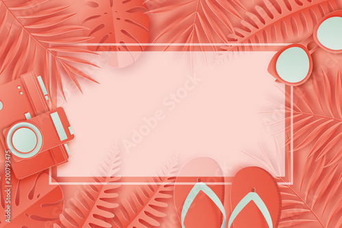 Summer background in pastel colors. Paper cut retro photo camera, sunglasses, slippers, monstera palm leaf. Summer vacation concept