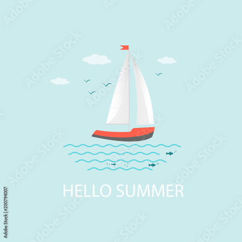 Banner, poster, card with text Hello Summer and nautical vehicles: sail boat, ship, vessel, luxury yacht, speedboat
