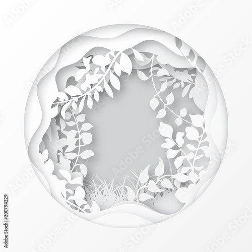 Paper art spring or summer forest with grass, tree branches with leaves, trees covered with climbers. Nature and environment concept. Origami design, paper layers