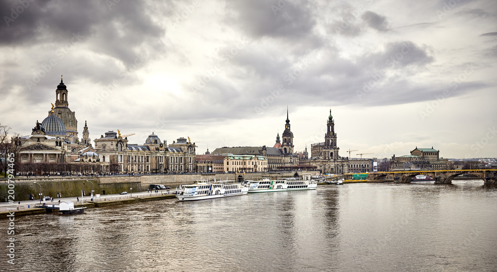 Scenic view of the old town architecture of Dresden Saxony, Germany and Elbe river