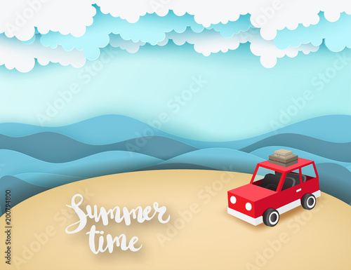 Paper art background with red car park at beach with sea waves, fluffy paper clouds and summer time text. Vacation and travel concept. Vector illustration