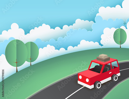 Paper art background  red car with luggage on the road near green lawn with trees. Fluffy paper clouds. Vacation and travel concept. Vector illustration