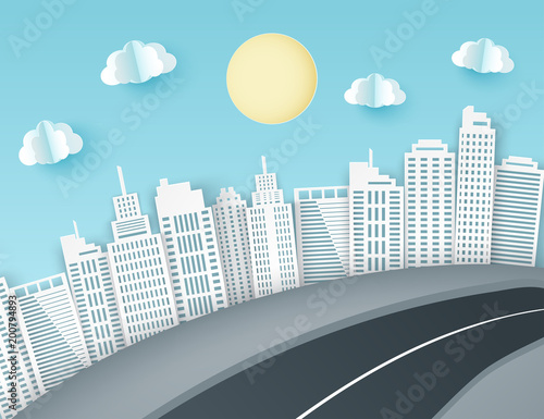 Plakat Papierowy sztuki tło z miasto widokiem. Puszyste chmury papierowe, drogi, skrobaki. Modny styl cięcia papieru origami. Ilustracji wektorowych