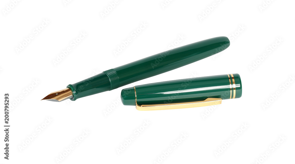 Green fountain pen with gold nib and top. Clipping path. Isolated on white Green fountain pen with gold nib and top. Clipping path. Isolated on white