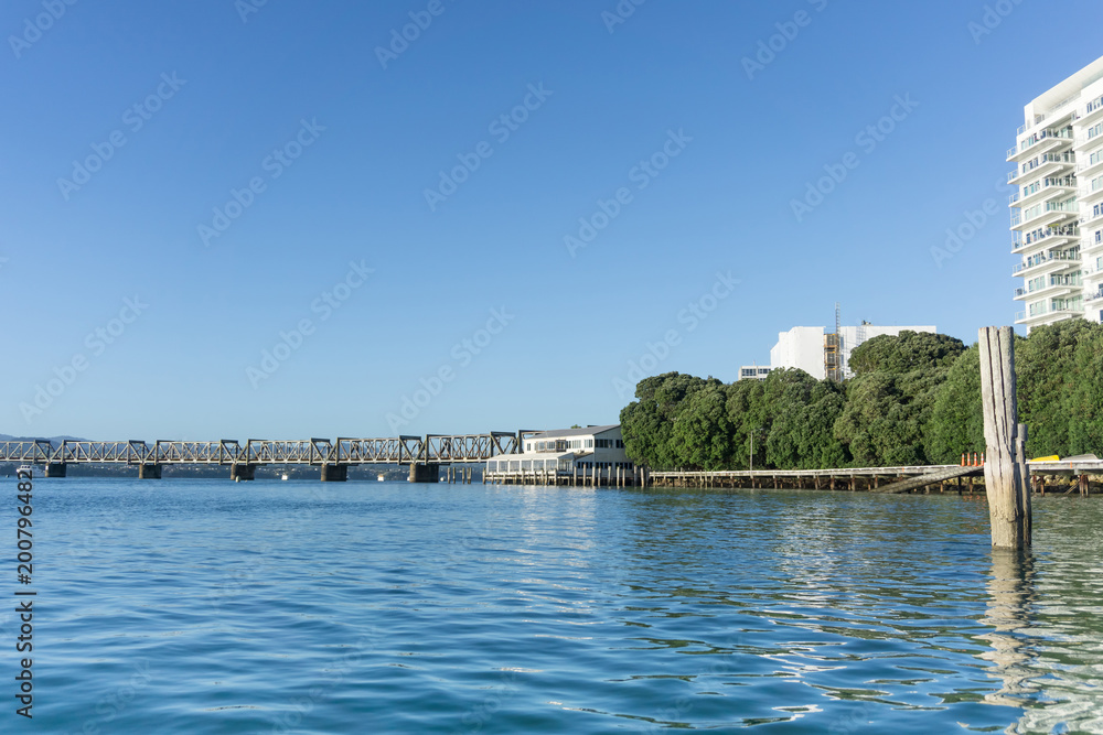 Tauranga waterfront, pier and railway bridge