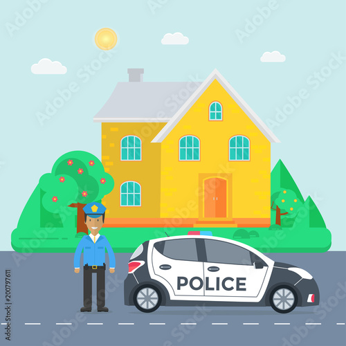 Police patrol on a road with police car, officer, house