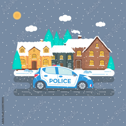 Police patrol on a road with police car, house, nature landscape