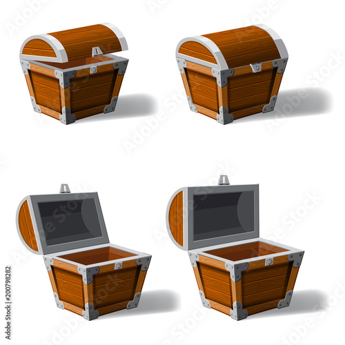 Set opened and closed antique treasure chest, set icons, game and UI elements, vector, isolated, cartoon style