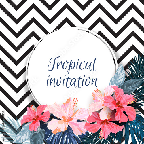 Summer tropical background design with palm leaves and exotic red hibisus flowers. Vector floral invitation and greeting card template. photo